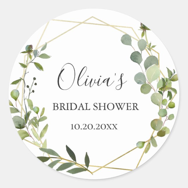 Modern Eucalyptus Geometric Frame Bridal Shower Classic Round Sticker (Front)