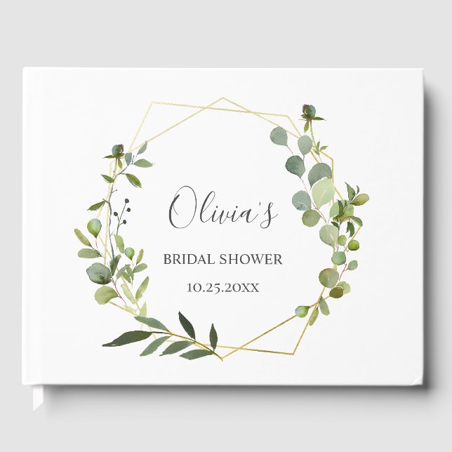 Modern Eucalyptus Geometric Frame Bridal Shower Guest Book (Front)