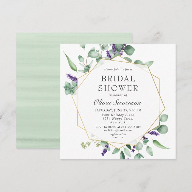 Modern Eucalyptus Geometric Frame Bridal Shower Invitation (Front/Back)