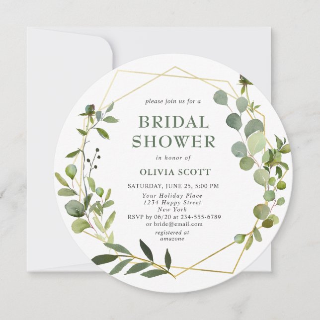 Modern Eucalyptus Geometric Frame Bridal Shower Invitation (Front)