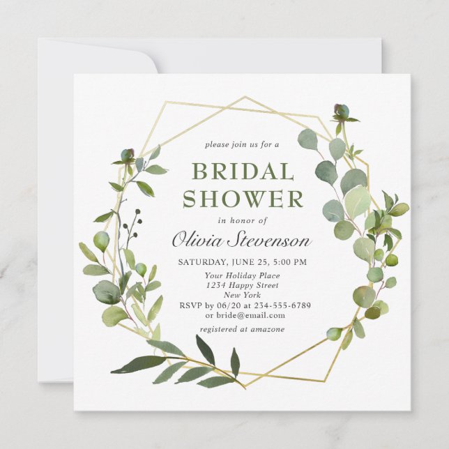 Modern Eucalyptus Geometric Frame Bridal Shower Invitation (Front)