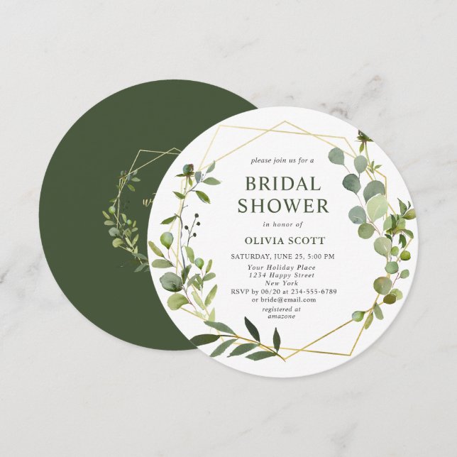 Modern Eucalyptus Geometric Frame Bridal Shower Invitation (Front/Back)