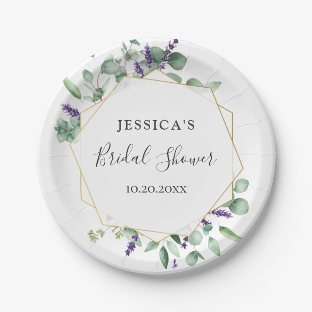 Modern Eucalyptus Geometric Frame Bridal Shower Paper Plate (Front)