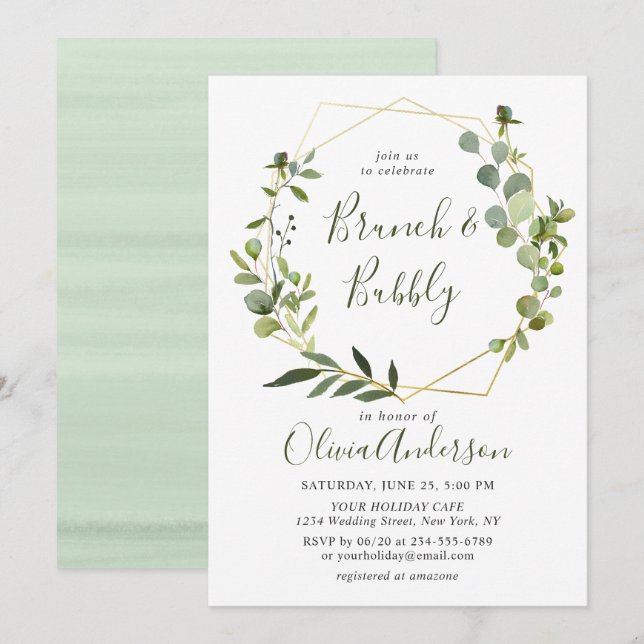 Modern Eucalyptus Geometric Frame Brunch & Bubbly Invitation (Front/Back)