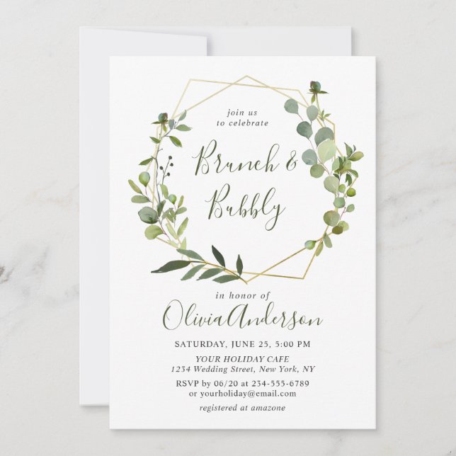 Modern Eucalyptus Geometric Frame Brunch & Bubbly Invitation (Front)