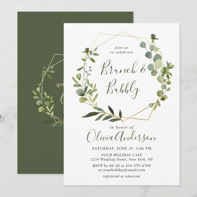 Modern Eucalyptus Geometric Frame Brunch & Bubbly Invitation (Front/Back)