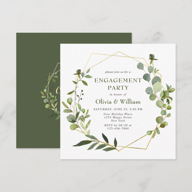 Modern Eucalyptus Geometric Frame ENGAGEMENT PARTY Invitation (Front/Back)