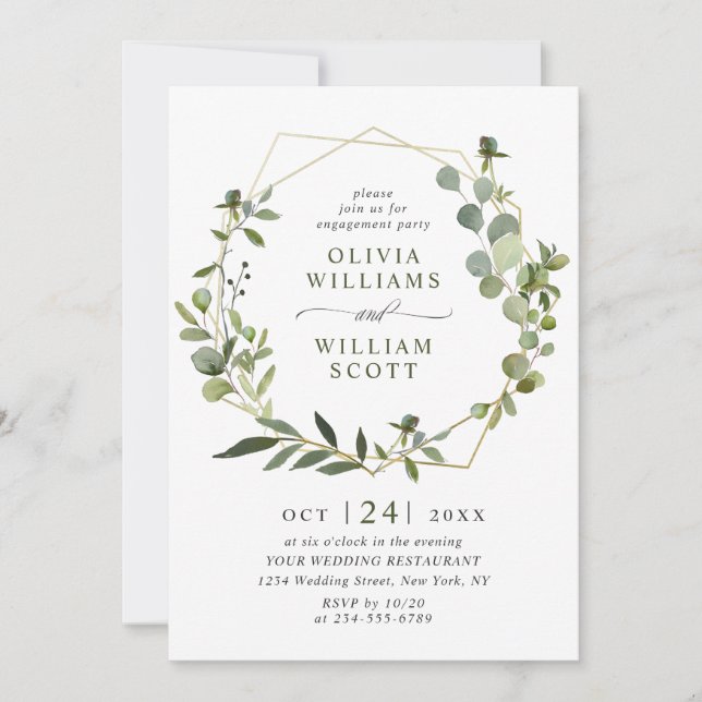 Modern Eucalyptus Geometric Frame ENGAGEMENT PARTY Invitation (Front)