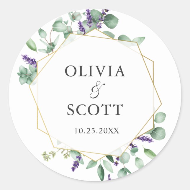 Modern Eucalyptus Geometric Frame Floral Wedding Classic Round Sticker (Front)
