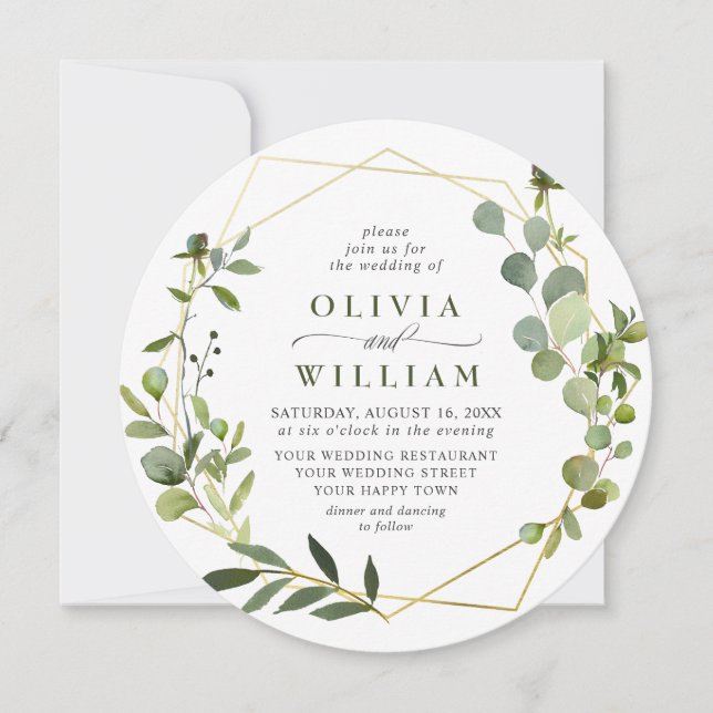 Modern Eucalyptus Geometric Frame Floral Wedding Invitation (Front)
