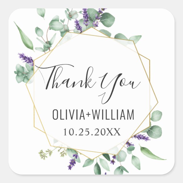 Modern Eucalyptus Geometric Frame Floral Wedding Square Sticker (Front)