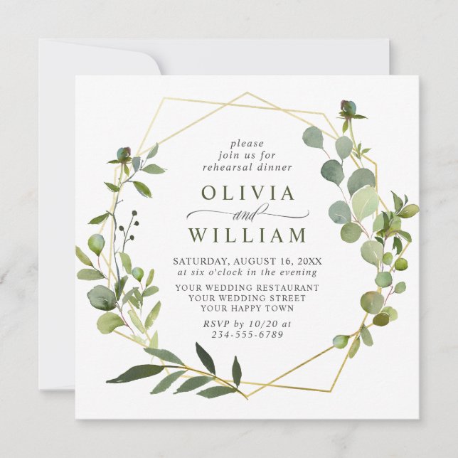 Modern Eucalyptus Geometric Frame REHEARSAL DINNER Invitation (Front)