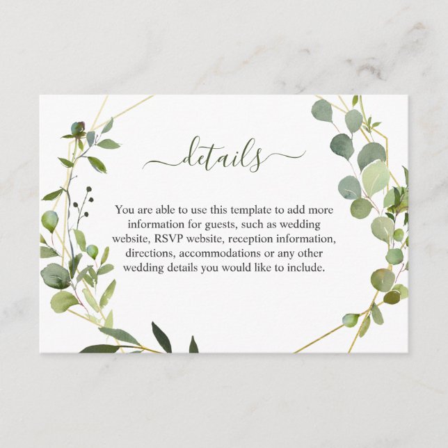 Modern Eucalyptus Geometric Frame Wedding Details  Enclosure Card (Front)