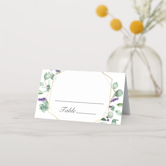 Modern Eucalyptus Geometric Frame Wedding Table Place Card (Front)