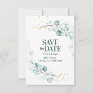 Modern Eucalyptus Gold Sparkles Save The Date