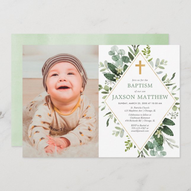 Modern eucalyptus green gold baptism photo invitation (Front/Back)