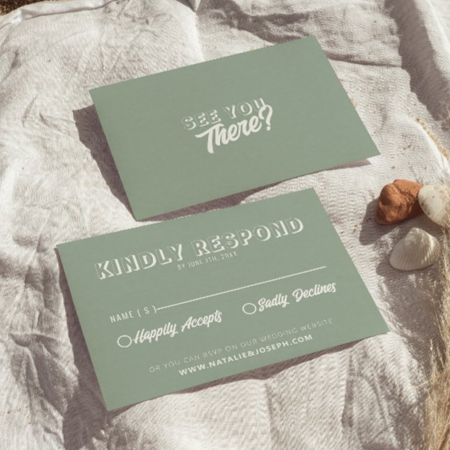Modern Eucalyptus Green Retro Fun Bold Wedding RSVP Card (Creator Uploaded)