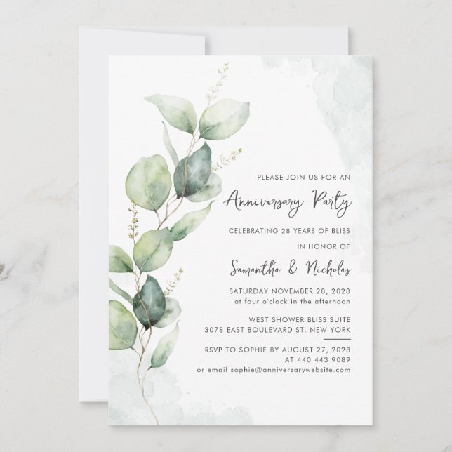 Modern Eucalyptus Greenery Anniversary Party Invitation (Front)