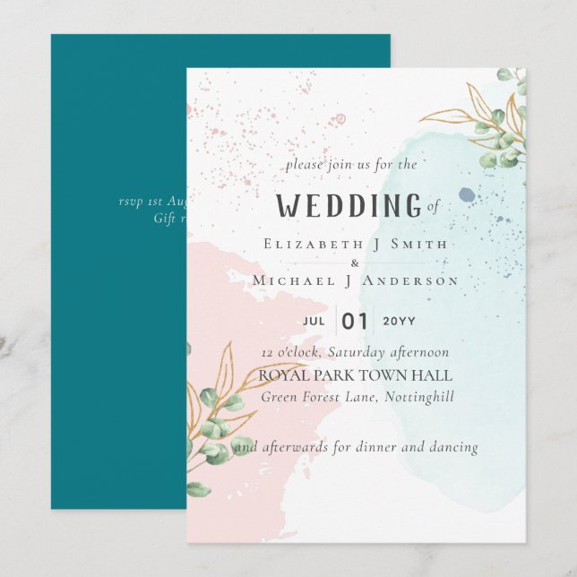 Modern Eucalyptus Greenery Blue Pink Wedding (Front/Back)