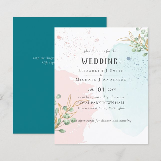 Modern Eucalyptus Greenery Blue Pink Wedding (Front/Back)