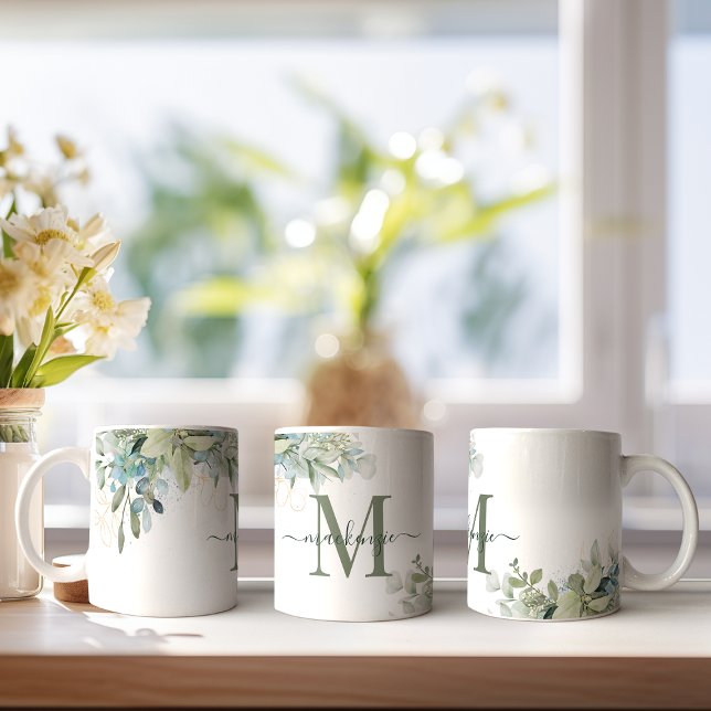 Modern Eucalyptus Greenery Floral Monogram Coffee Mug (Pretty Eucalyptus Greenery Monogram Mug)