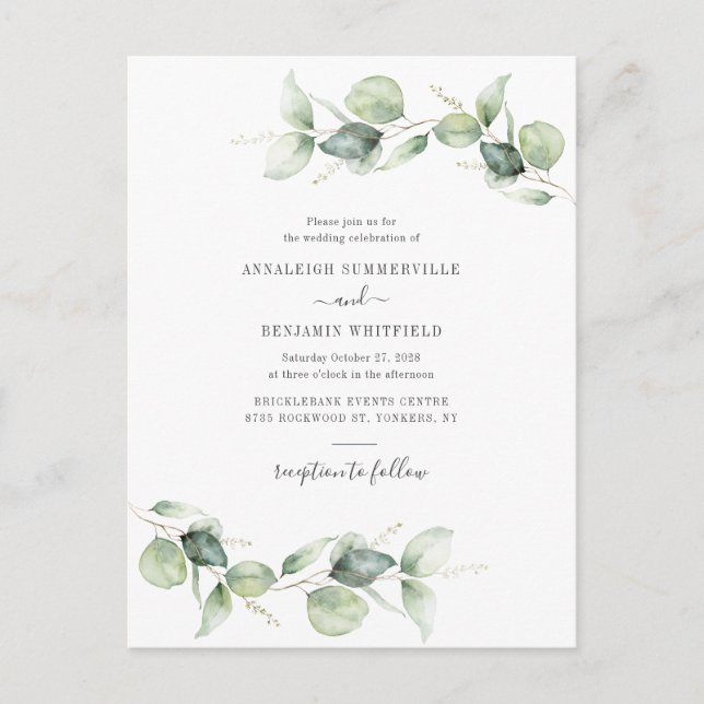 Modern Eucalyptus Greenery Foliage Rustic Wedding Invitation Postcard (Front)