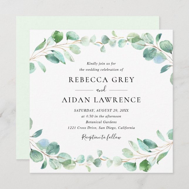 Modern Eucalyptus Greenery Foliage Wedding Square Invitation (Front/Back)