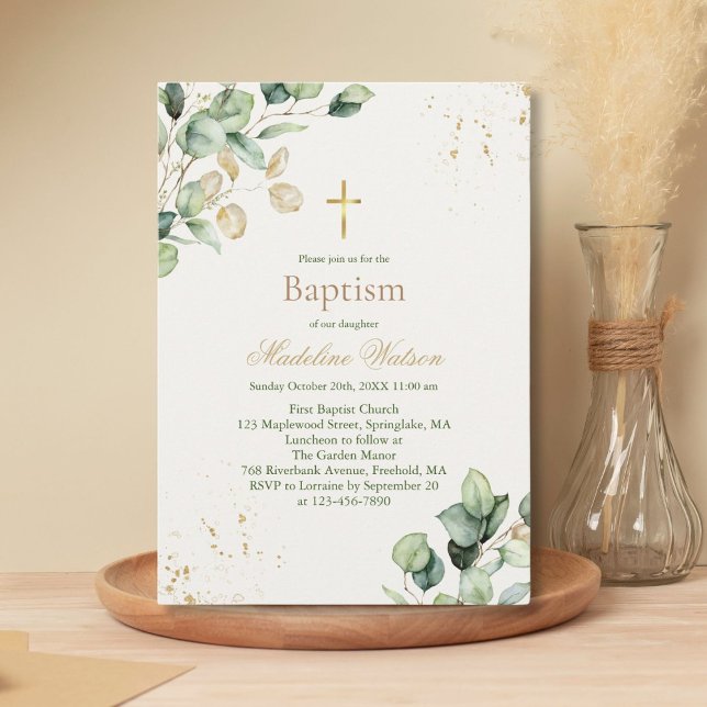 Modern Eucalyptus Greenery Gold Cross Baptism Invitation (Creator Uploaded)