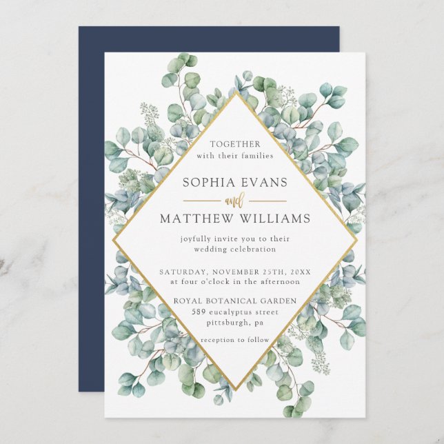 Modern Eucalyptus Greenery Gold Frame Wedding Invitation (Front/Back)
