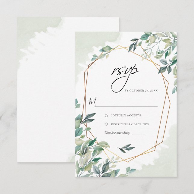 Modern Eucalyptus Greenery Gold Geometric Wedding RSVP Card (Front/Back)