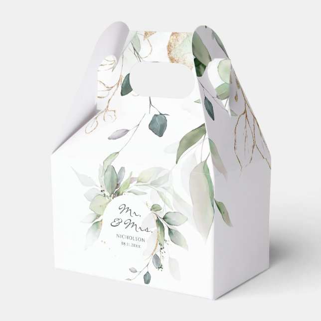 Modern Eucalyptus Greenery Gold Mr. & Mrs.  Favour Favour Box (Front Side)