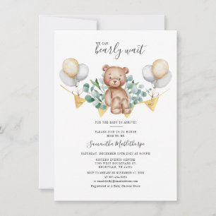 Modern Eucalyptus Greenery Leaves Bear Baby Shower Invitation