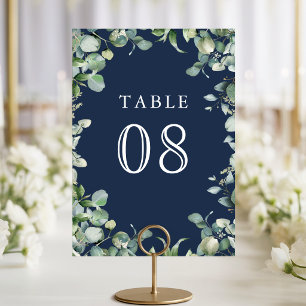 Modern Eucalyptus Greenery Navy Blue Wedding Table Number