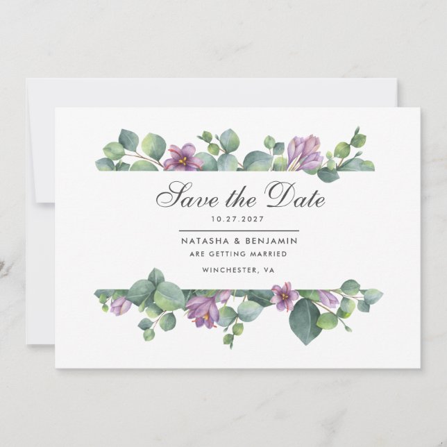 Modern Eucalyptus Greenery Script Save The Date (Front)