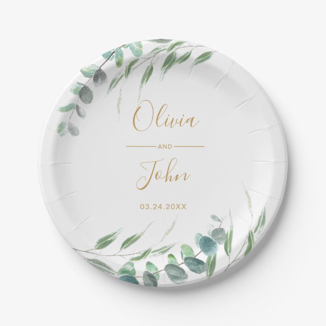 Modern Eucalyptus Greenery Watercolor Gold Name Paper Plate (Front)