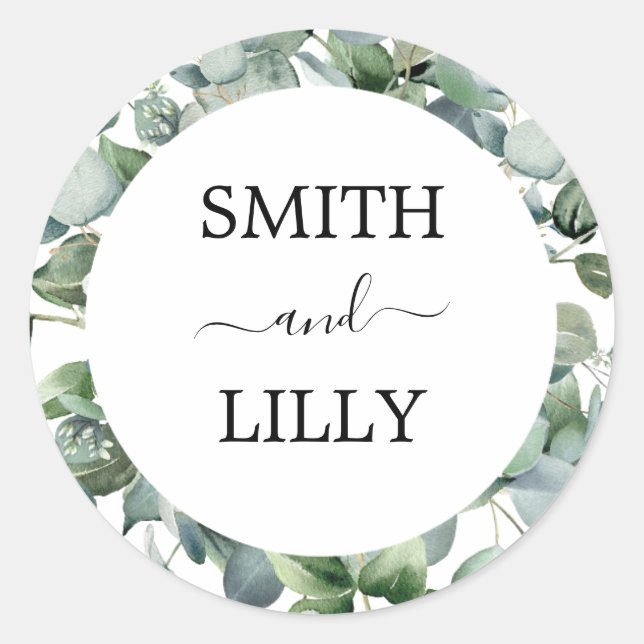 modern eucalyptus greenery wedding classic round sticker (Front)