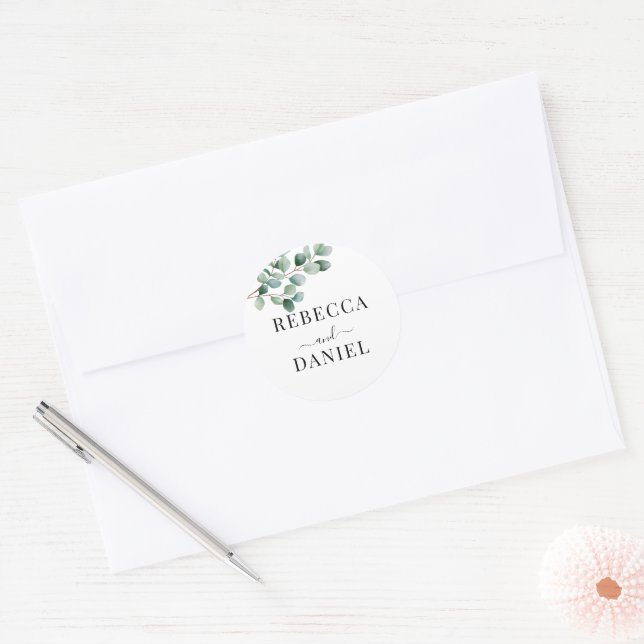 Modern Eucalyptus Greenery Wedding Classic Round Sticker (Envelope)