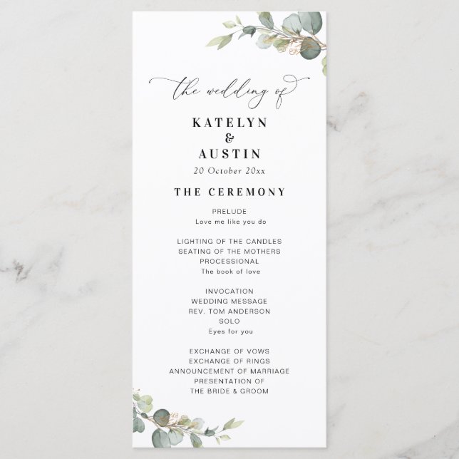 modern eucalyptus greenery wedding program programme (Front)