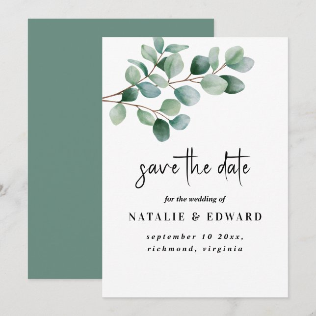 Modern Eucalyptus Greenery Wedding Save The Date (Front/Back)