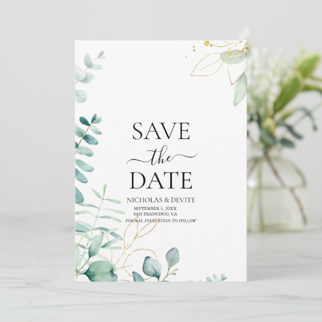 modern eucalyptus greenery wedding save the date (Standing Front)