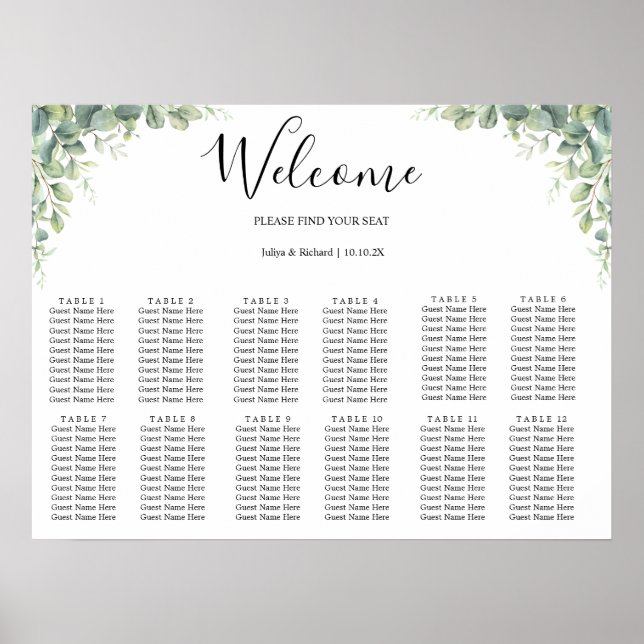  Modern Eucalyptus Greenery Wedding Seating Chart (Front)