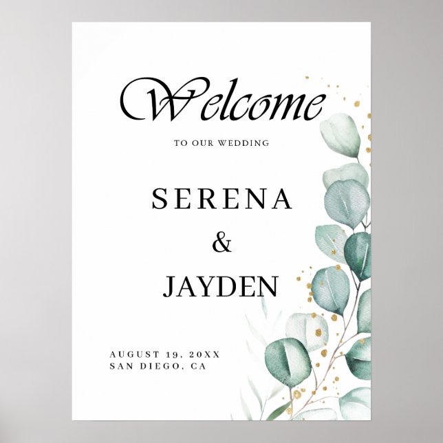 Modern Eucalyptus Greenery Wedding Welcome Sign (Front)