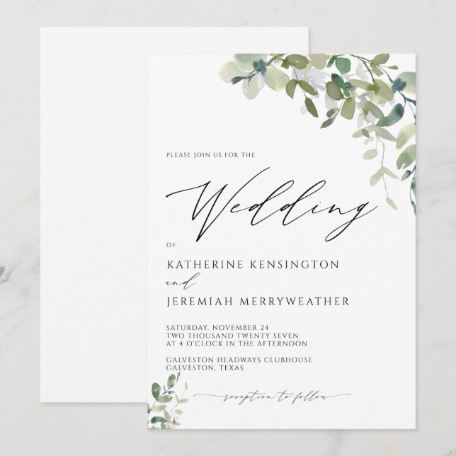 Modern Eucalyptus Greenry Script Wedding Invitation (Front/Back)