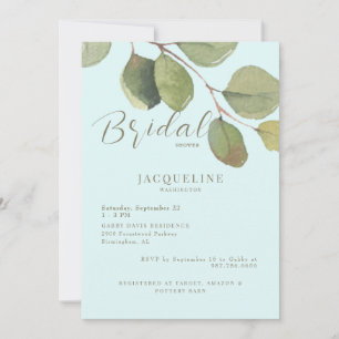 Modern Eucalyptus Ice Blue Gold Text Bridal Shower Invitation