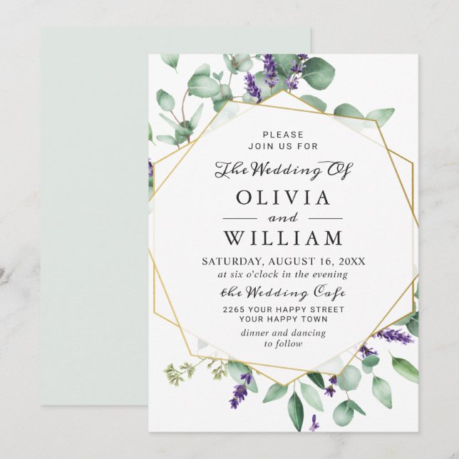Modern Eucalyptus Lavender Geometric Frame Wedding Invitation (Front/Back)
