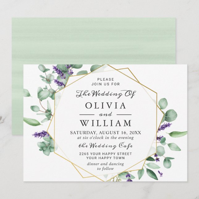 Modern Eucalyptus Lavender Geometric Frame Wedding Invitation (Front/Back)
