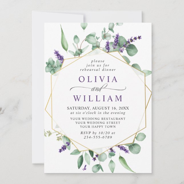 Modern Eucalyptus Lavender  REHEARSAL DINNER Invitation (Front)