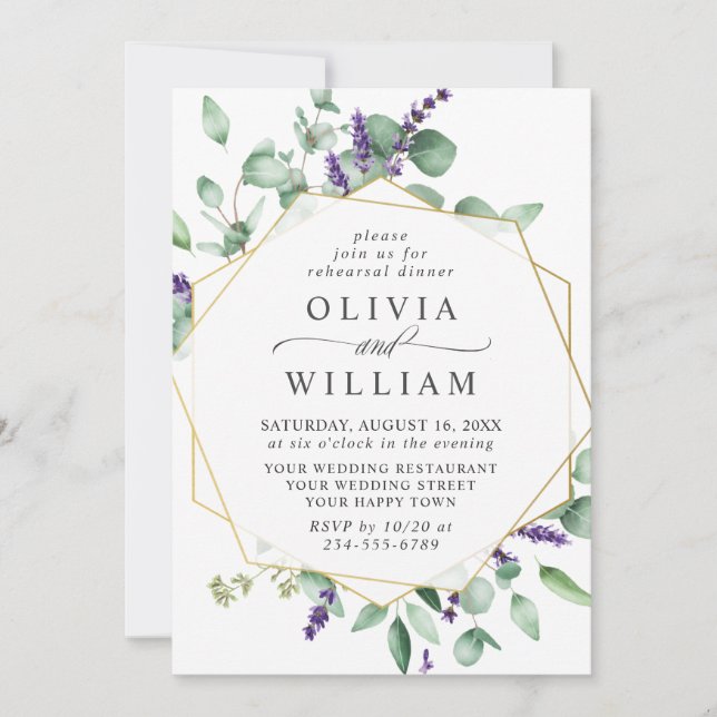 Modern Eucalyptus Lavender  REHEARSAL DINNER Invitation (Front)