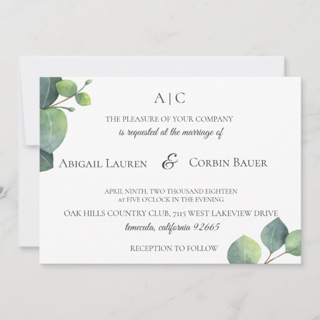 Modern Eucalyptus Leaf Wedding Invitation (Front)