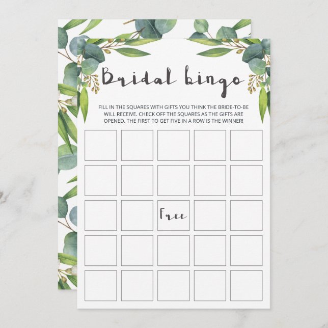 Modern Eucalyptus Leaves Bridal Bingo Cards (Front/Back)